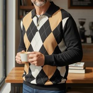 Callaway Golf Sport Argyle Polo Long Sleeve Sweater Cream Black Brown Sz XL